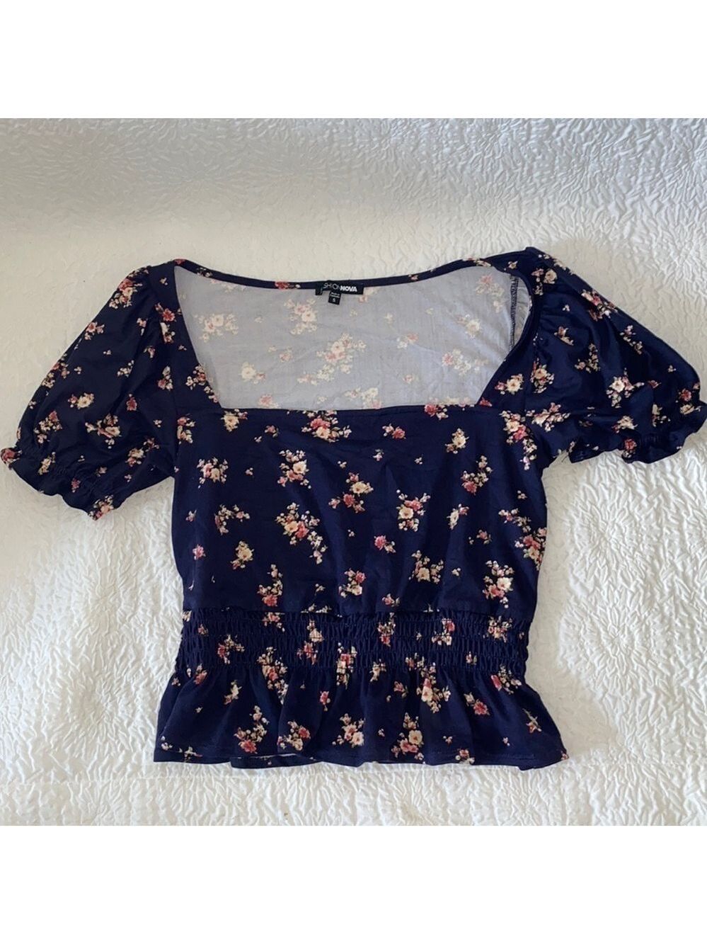 Fashion Nova Floral Print Ruched Ruffle Puff Short Sleeve Crop Top